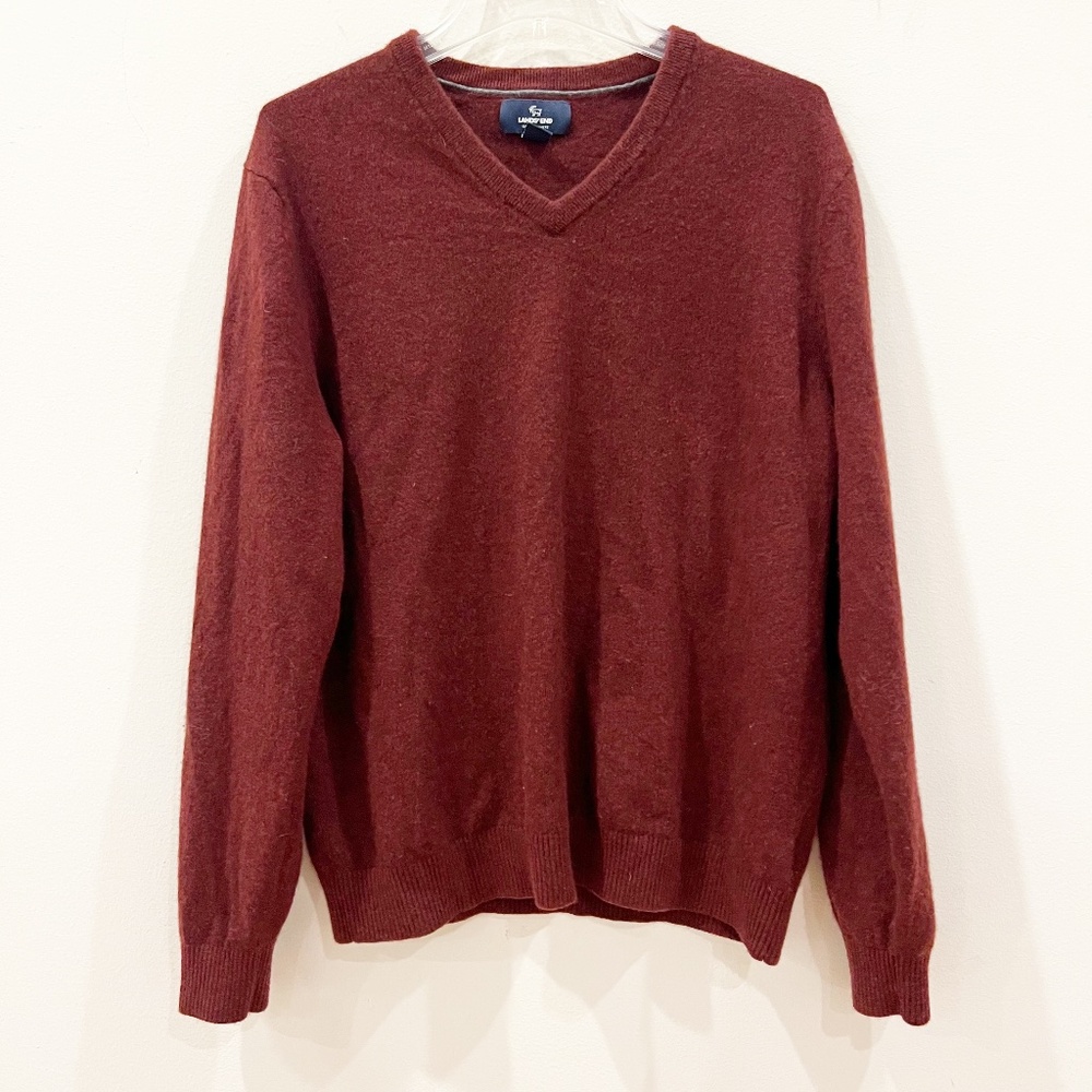 Lands End Sweater Mens Large Burgundy Cashmere Maroon Classic Office V Neck
